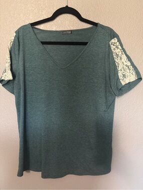 Charming Lace-Shoulder V-Neck Top - Teal by Unknown Brand